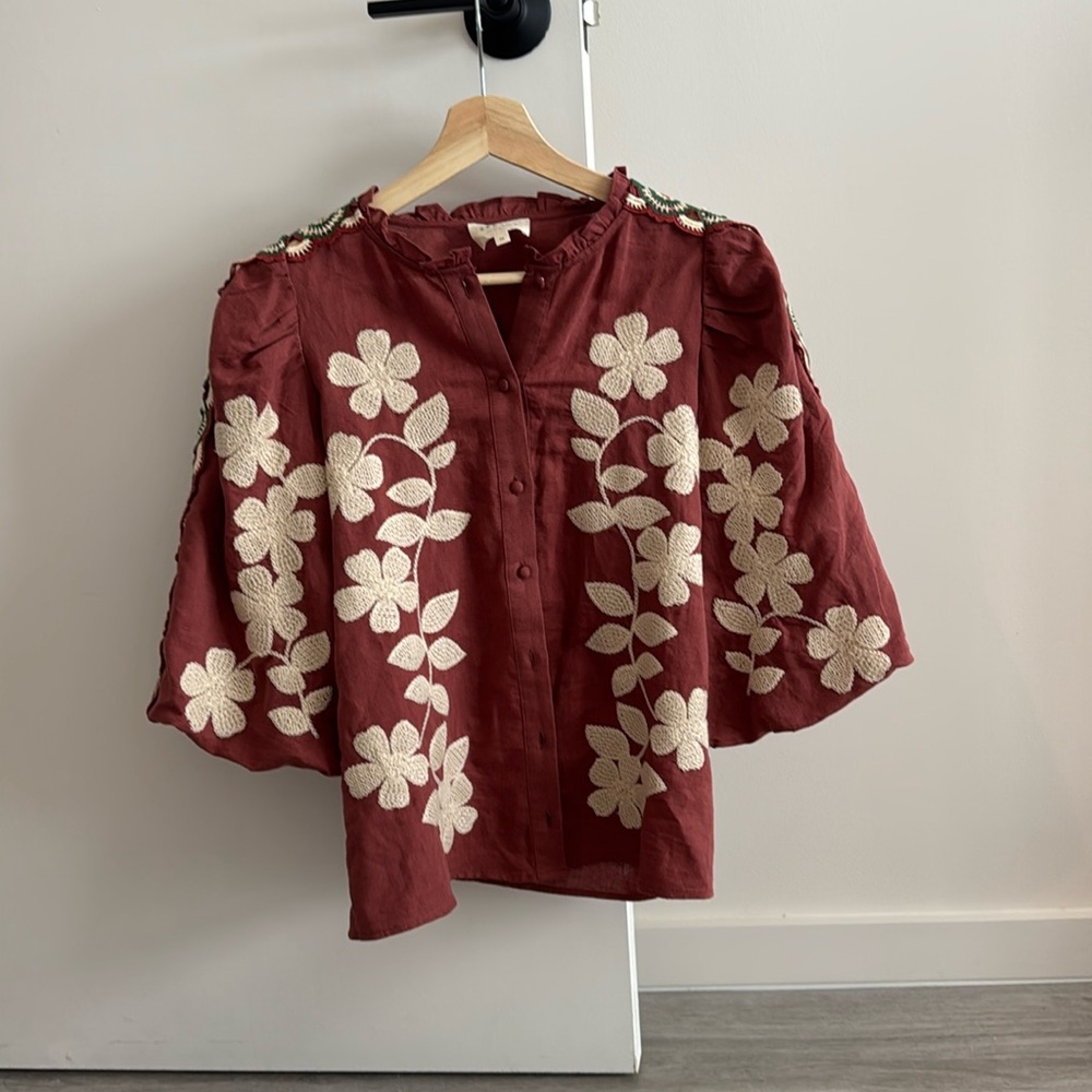 Sezane Anton Blouse Brown With Ecru And Green Embroidery - Size 4